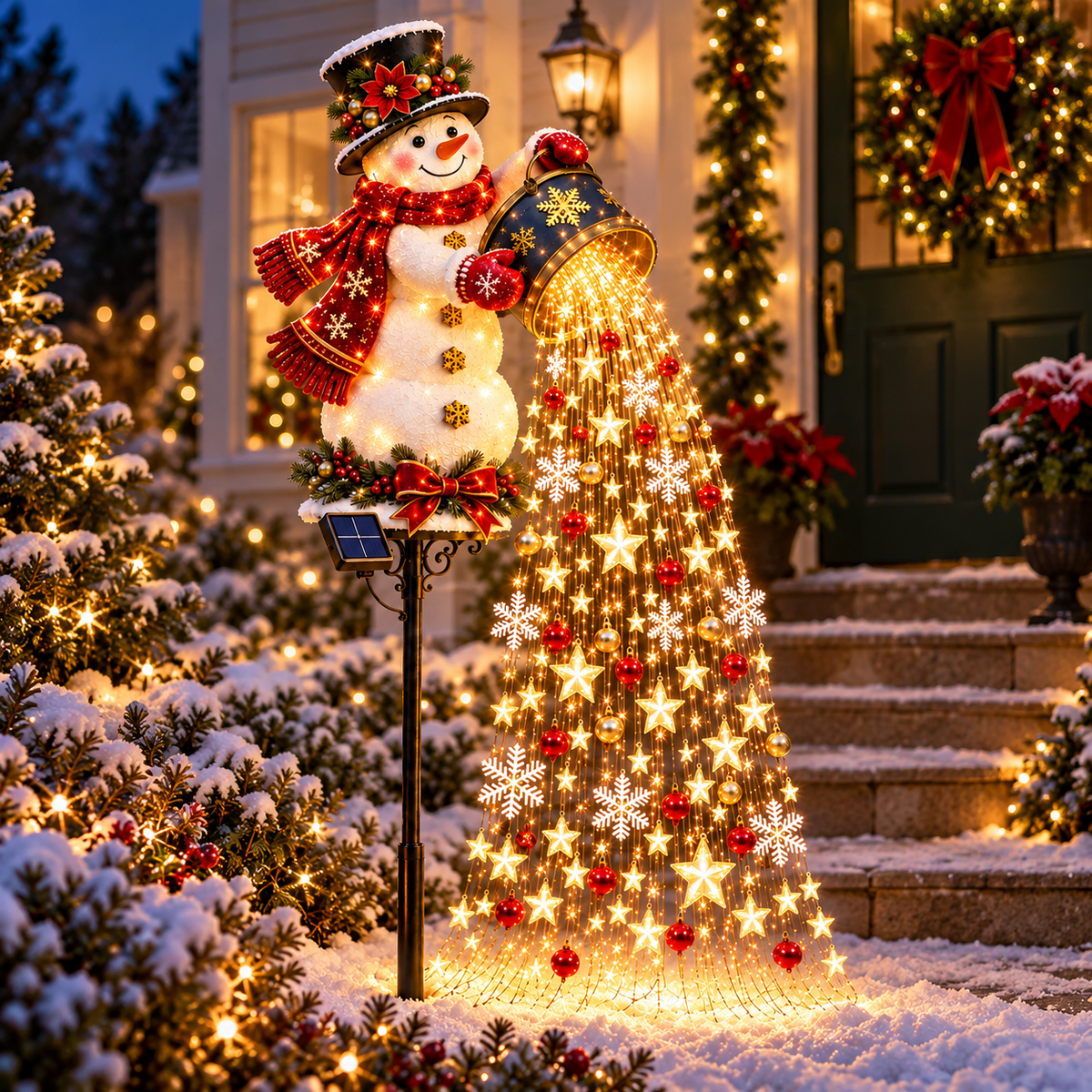 Snowman Starlight Cascade solar garden light glowing beside a Christmas-decorated front porch