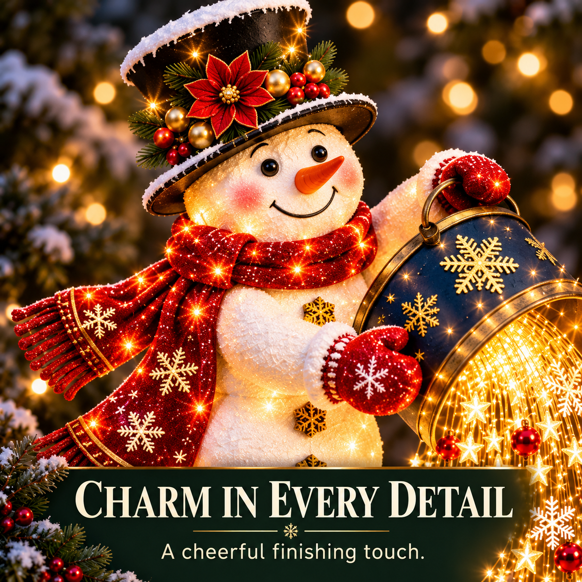 Close-up of the snowman's smiling face, poinsettia-trimmed top hat, red scarf, and snowflake-decorated watering can