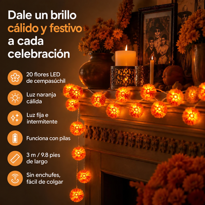 🎁Luces LED de cempasúchil para Día de Muertos | 3 m y 20 flores