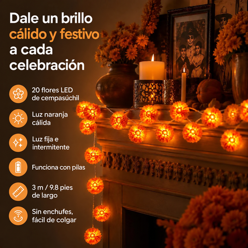 🎁Luces LED de cempasúchil para Día de Muertos | 3 m y 20 flores