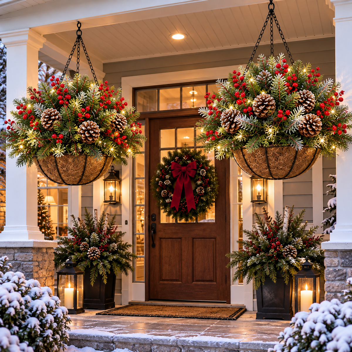 🍂🎄 Seasonal Porch & Garden Decor – Fall Florals & Pre-Lit Christmas Hanging Baskets