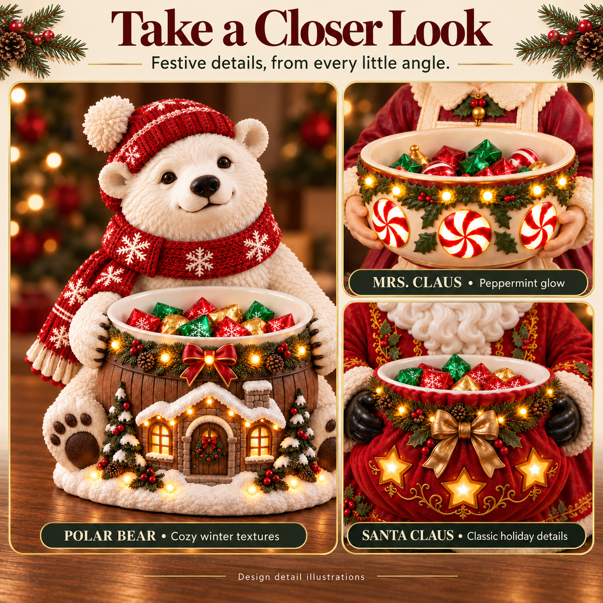 Close-up collage showing the Polar Bear cottage bowl, Mrs. Claus peppermint lights, and Santa Claus star details