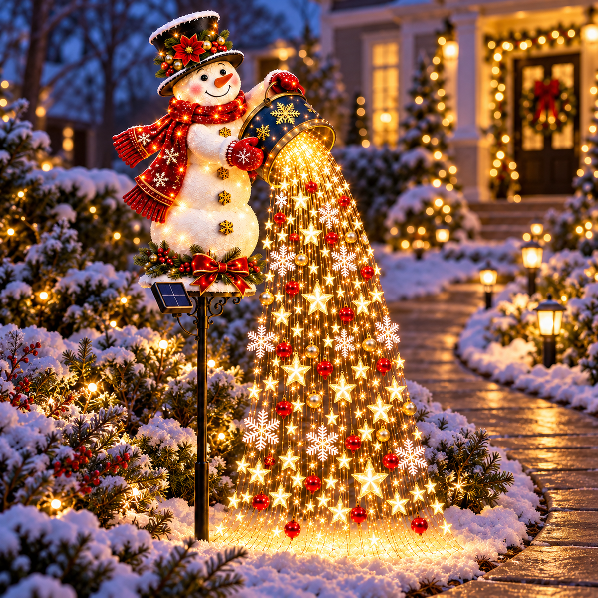 Snowman cascade light positioned in a planting bed beside a curved garden path