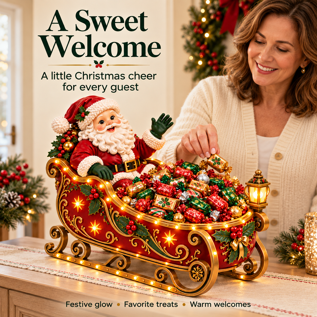 A woman taking a wrapped candy from a glowing Santa sleigh on a holiday entryway table