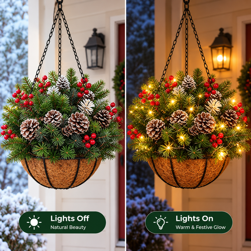 Christmas hanging basket shown in daylight with lights off and after dark with warm lights on