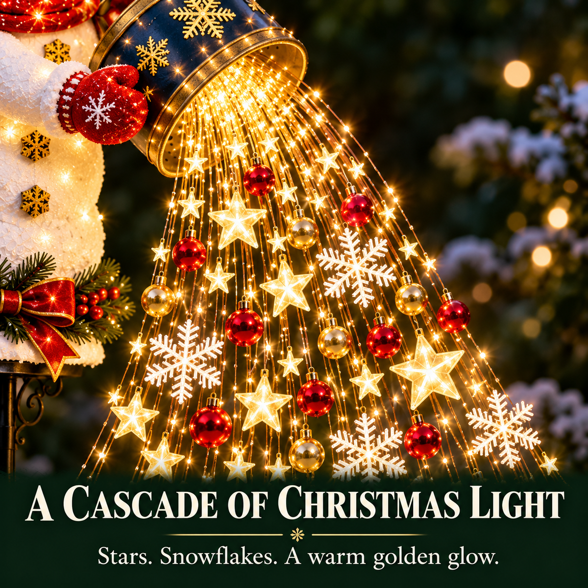 Close-up of golden light strands with stars, white snowflakes, and red and gold baubles falling from the watering can