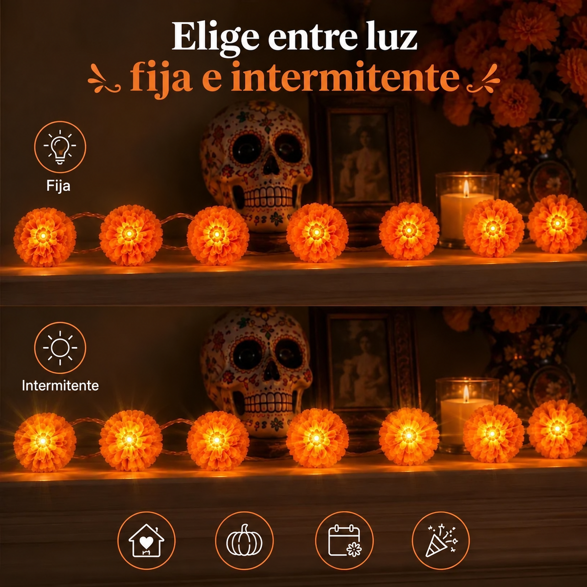 🎁Luces LED de cempasúchil para Día de Muertos | 3 m y 20 flores