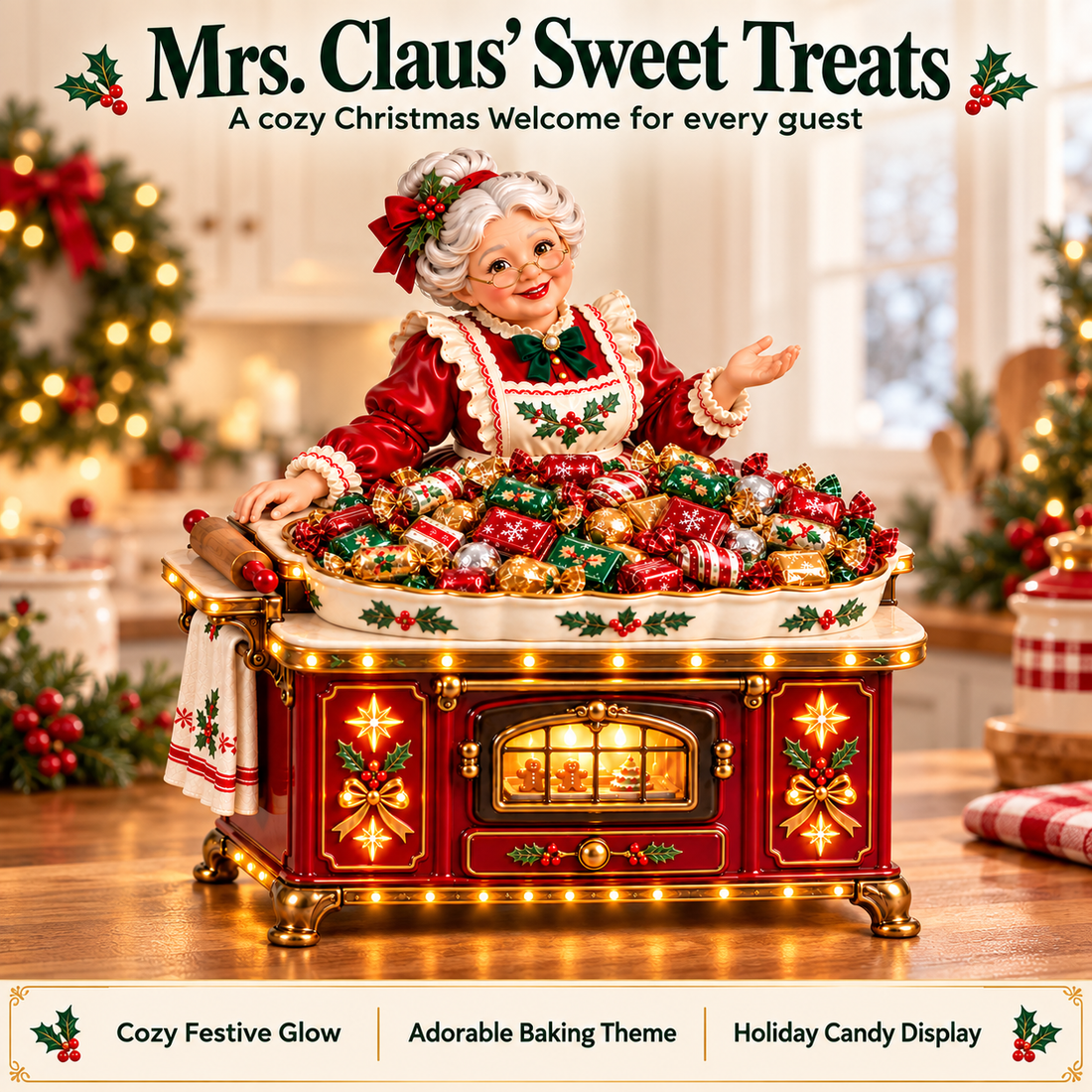Mrs. Claus' Bakery candy tray and decorative illuminated oven base on a Christmas kitchen counter