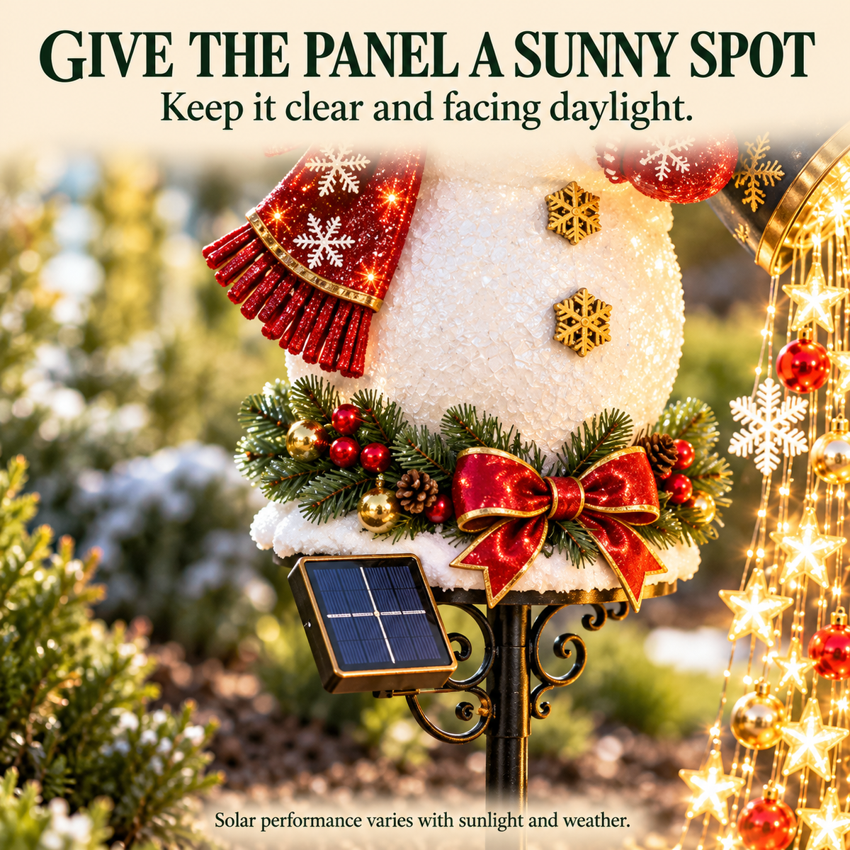 Close-up of the solar panel below the snowman with guidance to keep it clear and facing daylight