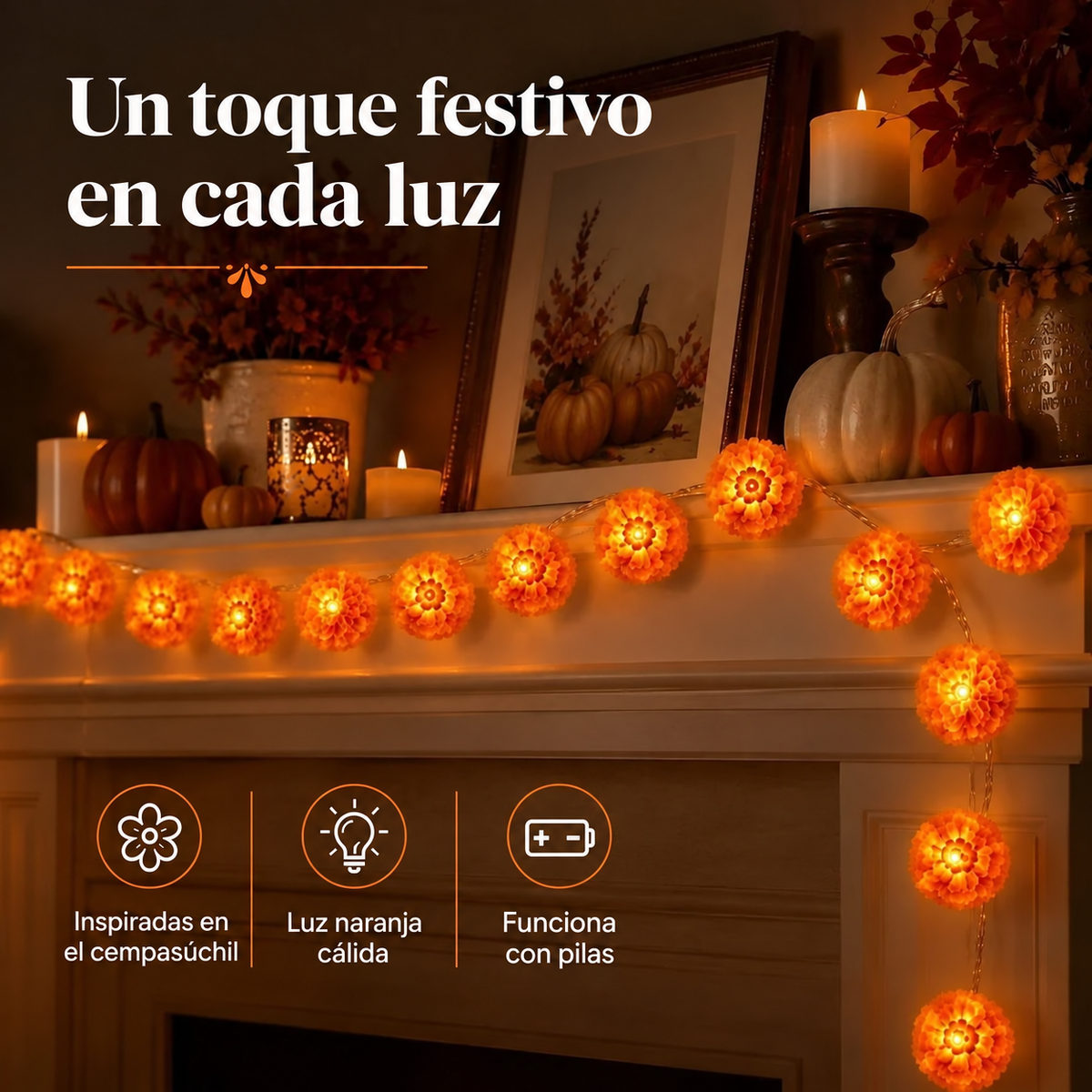 🎁Luces LED de cempasúchil para Día de Muertos | 3 m y 20 flores