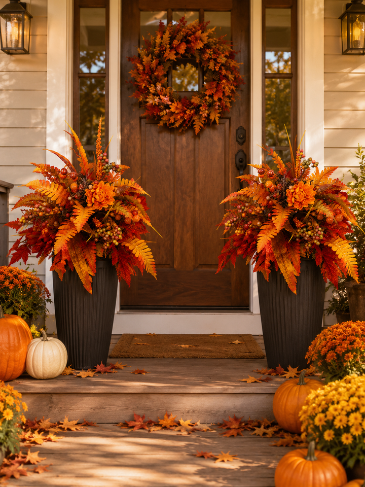 Upright autumn flower arrangements in tall planters on either side of a front door