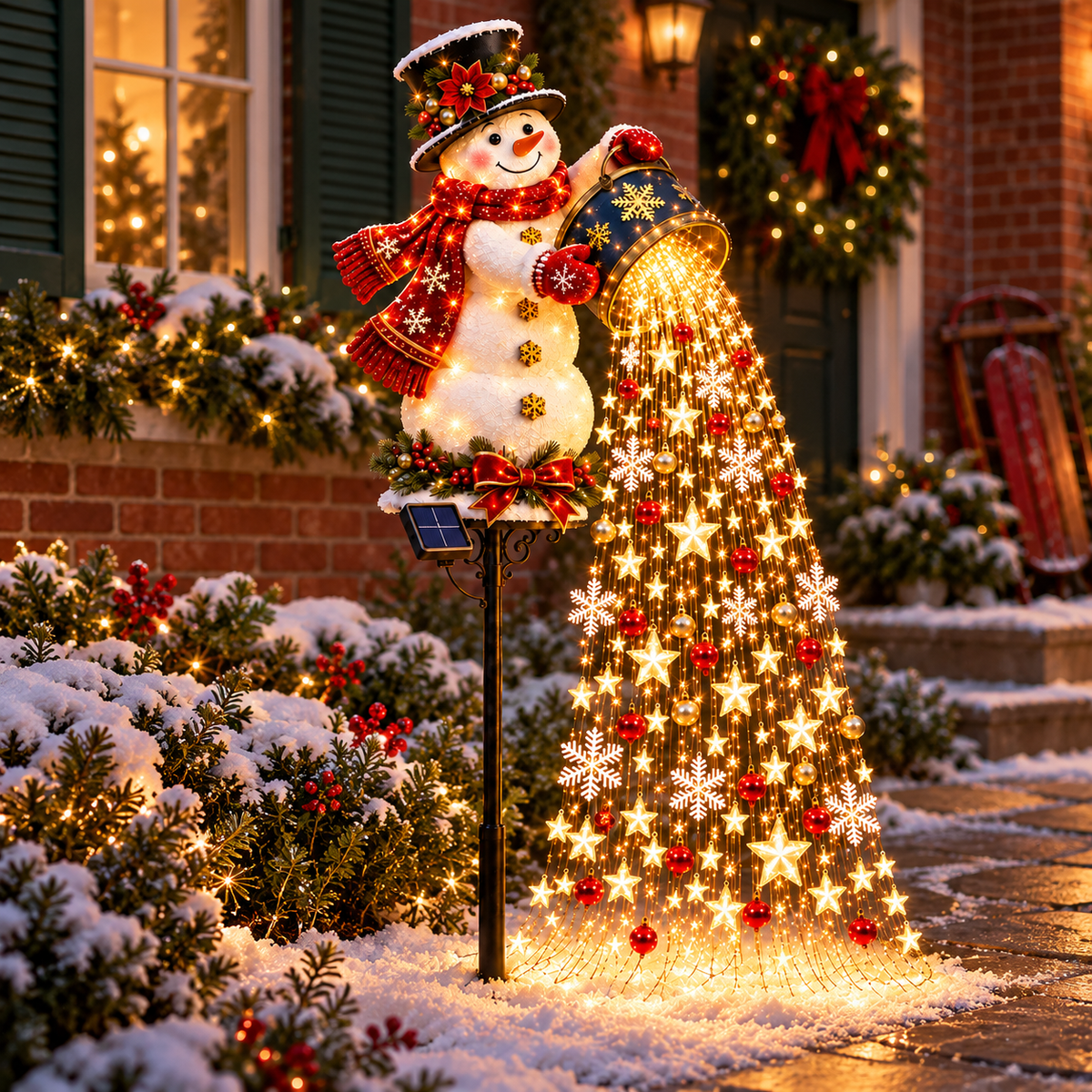 Snowman light decorating a planting bed beside the porch and patio of a red brick home