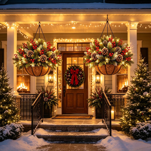 🍂🎄 Seasonal Porch & Garden Decor – Fall Florals & Pre-Lit Christmas Hanging Baskets