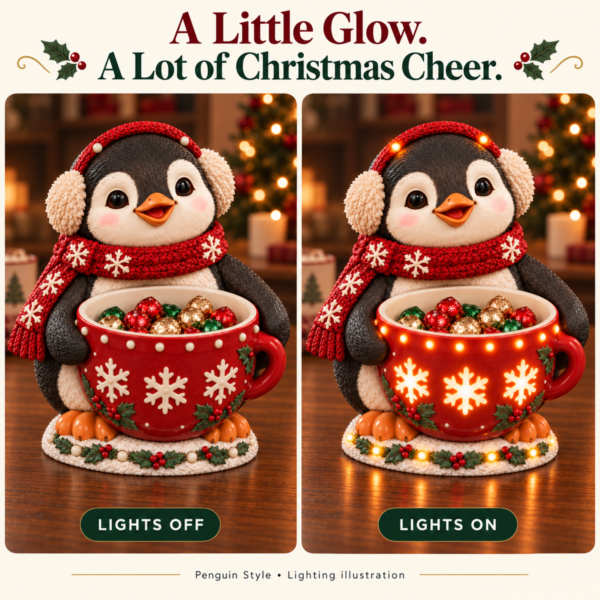 Side-by-side illustration of the same Penguin candy bowl with its decorative lights off and on