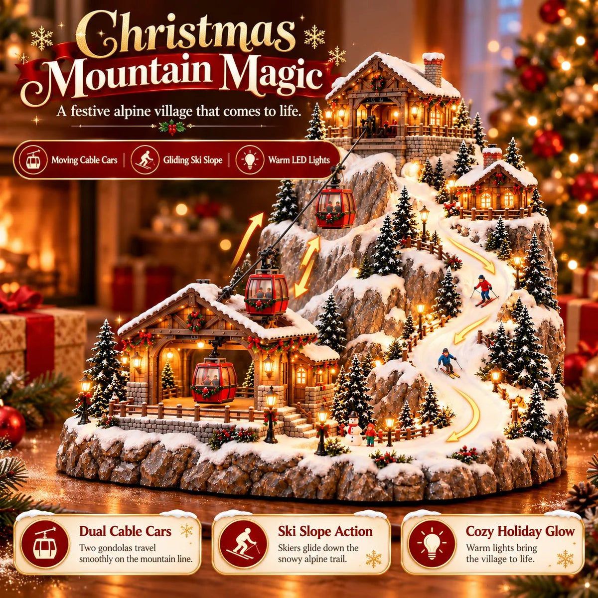 🔥 LAST DAY 49% OFF 🔥 Animated Christmas Mountain Cable Car Village™ – Lighted Alpine Ski Resort Scene with Moving Gondolas & Cozy Holiday Chalets ✨