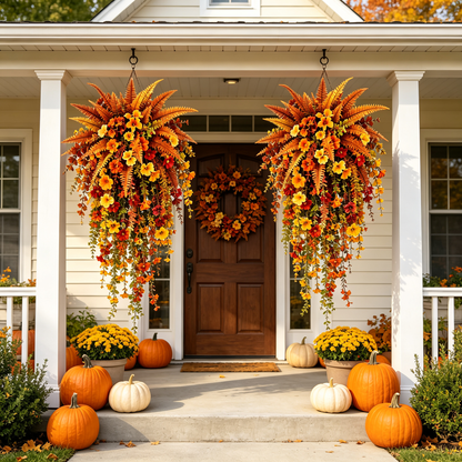 🍂🎄 Seasonal Porch & Garden Decor – Fall Florals & Pre-Lit Christmas Hanging Baskets