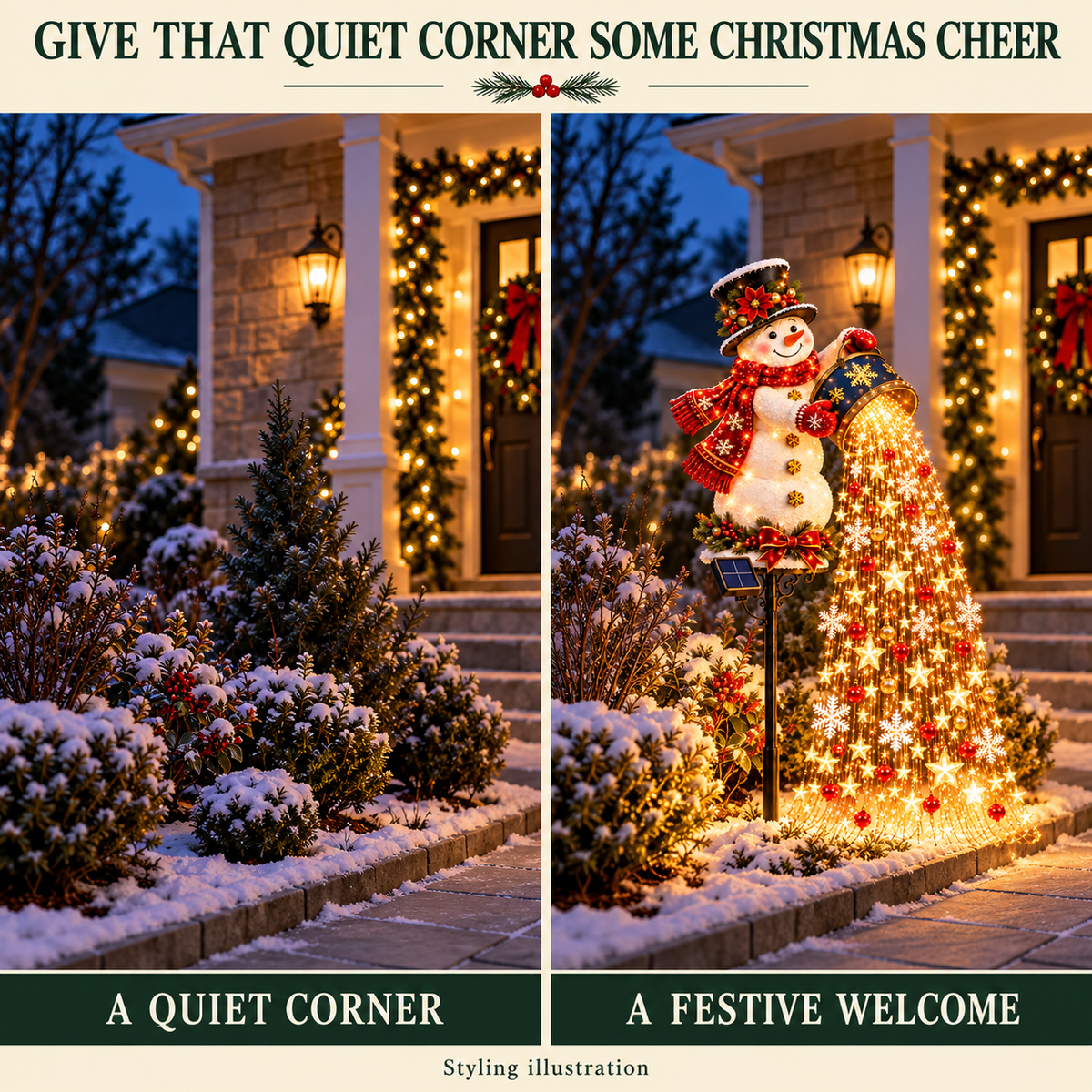 Styling illustration comparing a quiet garden corner with the same corner decorated with the snowman cascade light