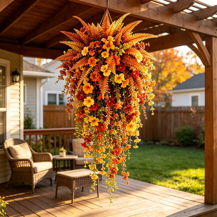 Cascading autumn flowers hanging above a covered patio seating area with wicker chairs