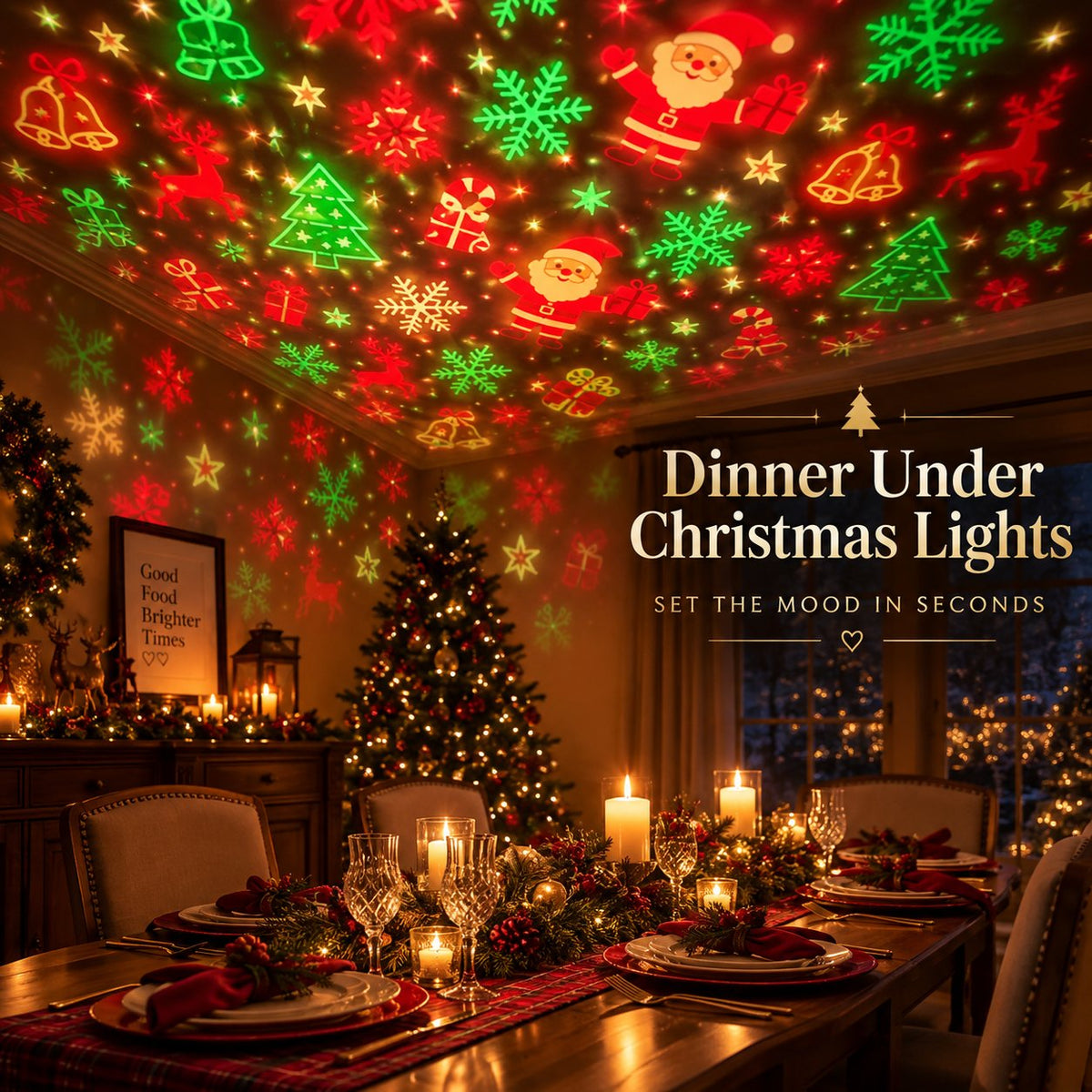 Christmas light projections above a festive dining table