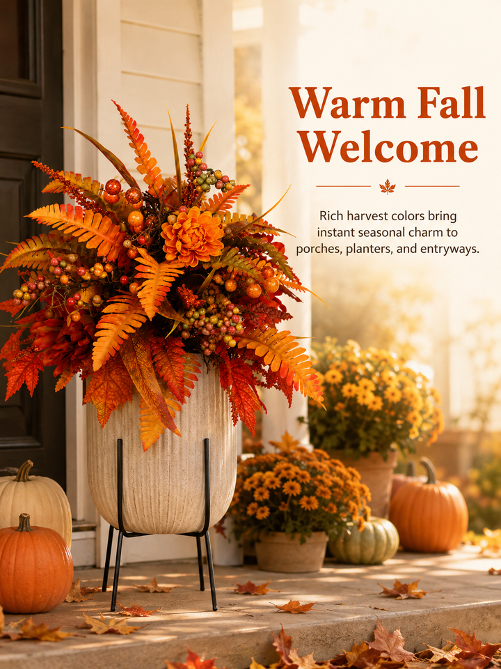 Upright orange and gold fall floral arrangement styled in a cream-colored porch planter