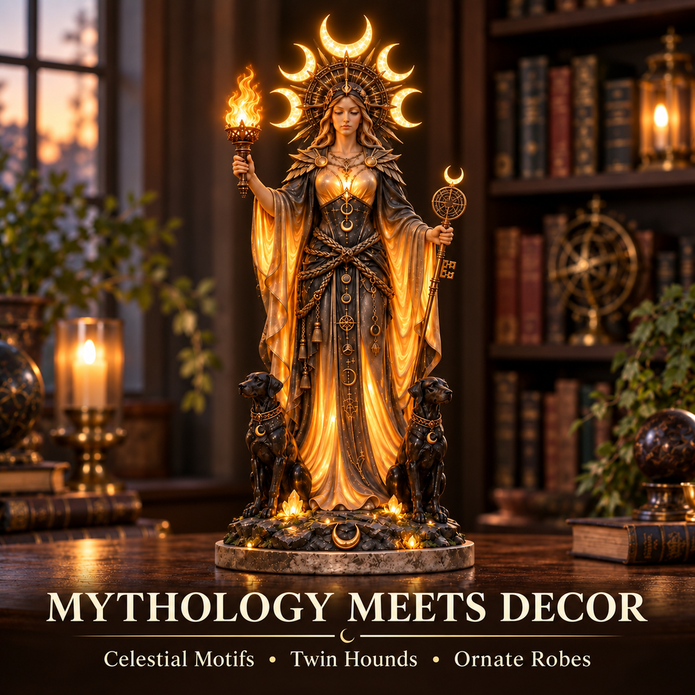 Illuminated Hecate statue displayed on a wooden surface in a cozy home library