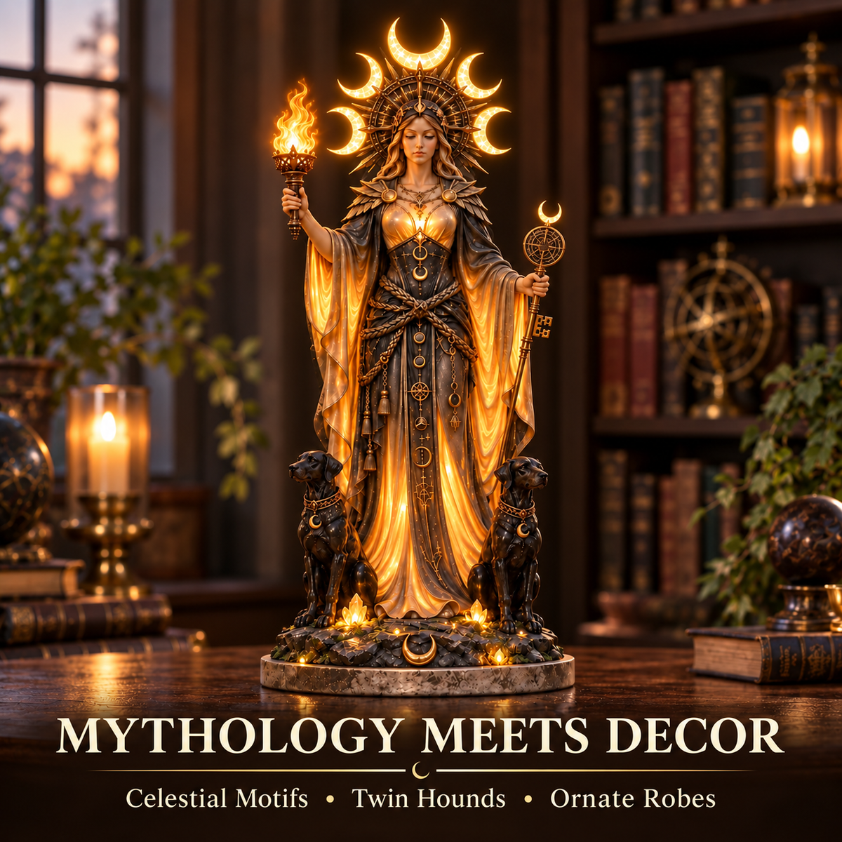 🌙🔥 Hecate Goddess Guardian Statue | Lighted Triple Moon Goddess with Twin Hounds, Torch & Key