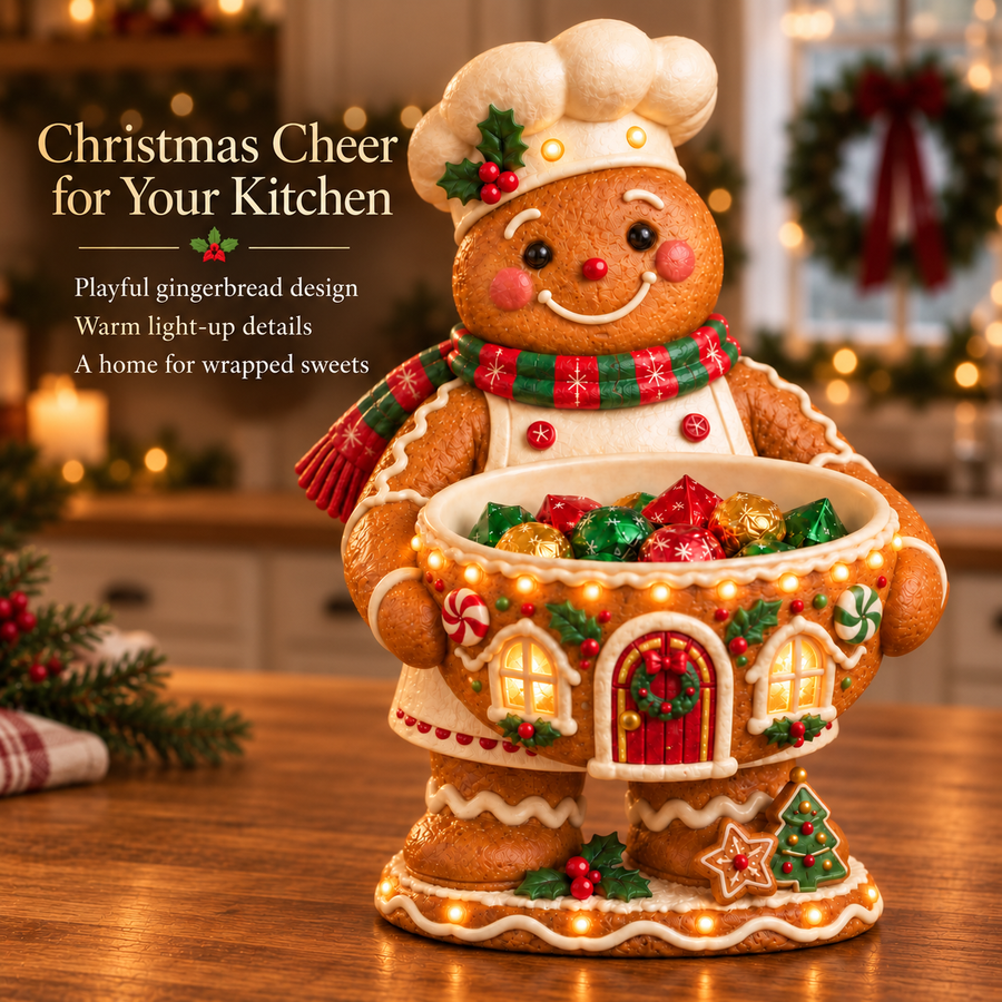 Gingerbread Chef holding a glowing gingerbread-house candy bowl on a kitchen counter