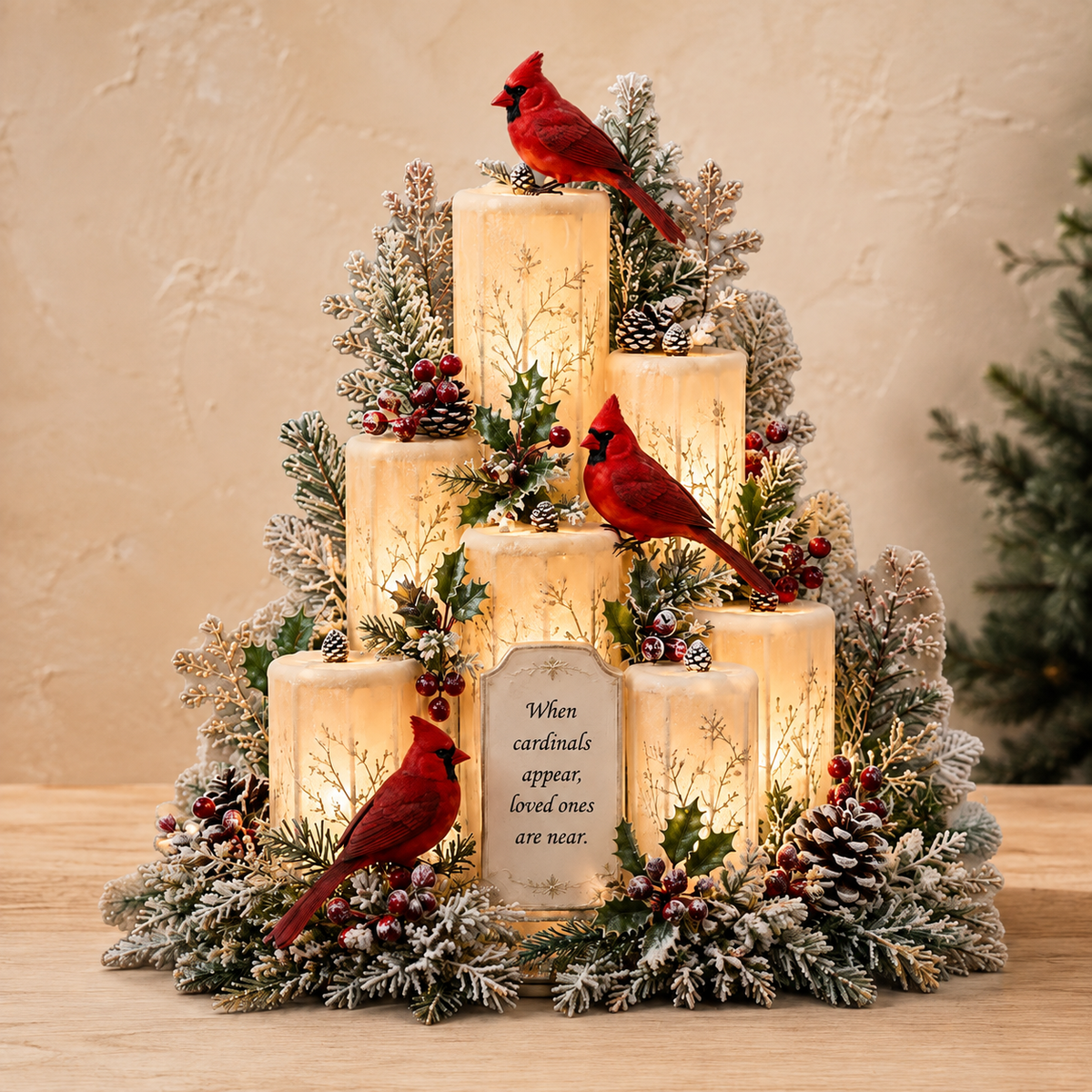 Cardinal candle centerpiece displayed as meaningful home decor