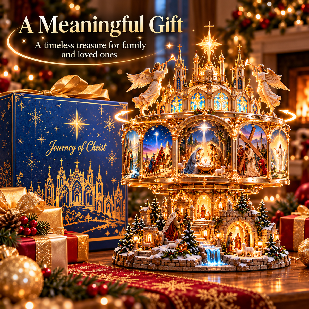 🔥LAST DAY 49% OFF✝️✨ Journey of Faith™ – 360° Rotating Lighted Bible Story Nativity Display with Angelic Cathedral & Sacred Scenes