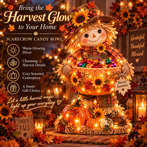 🍂 Harvest Glow™ – Lighted Scarecrow Candy Bowl