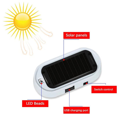 🚗🌞Solar Car Anti-Theft Light – solar + USB charged, auto-flashes at night. Realistic LED mimics active alarm – deters thieves without wiring. 🛡️