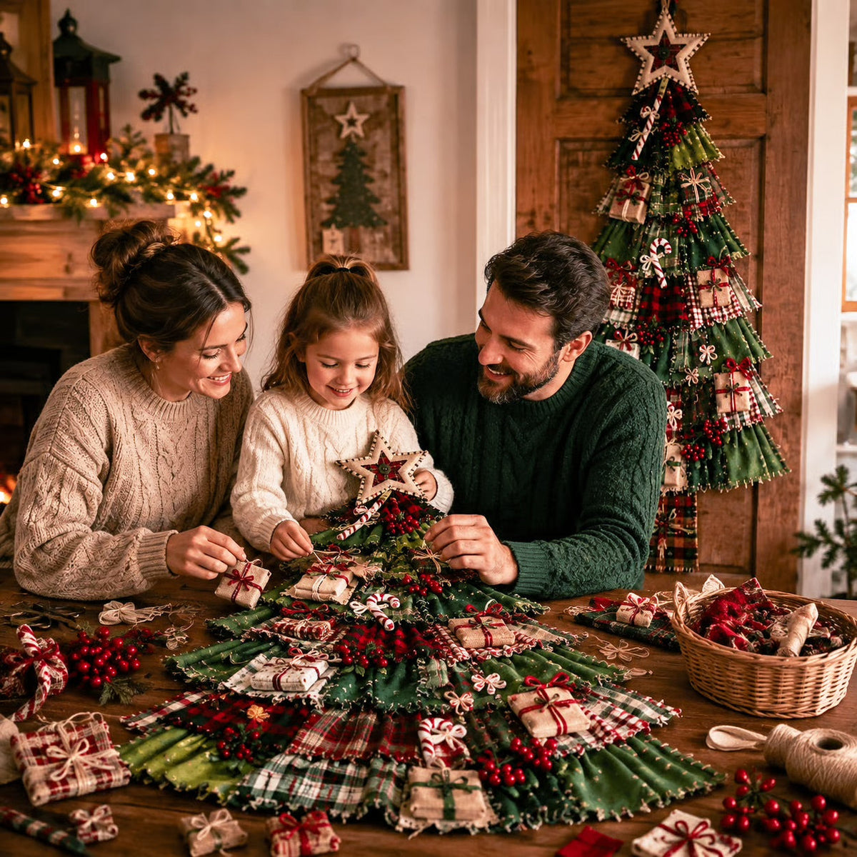 Family making DIY Christmas tree decoration together