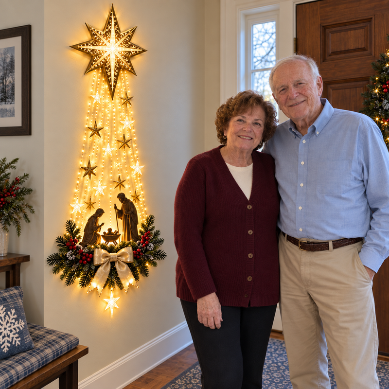 A couple standing beside a lit Bethlehem star Nativity display in their home entryway