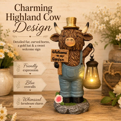 Handcrafted Highland Cow Solar Garden Lantern Statue