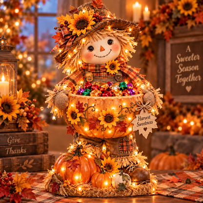 🍂 Harvest Glow™ – Lighted Scarecrow Candy Bowl