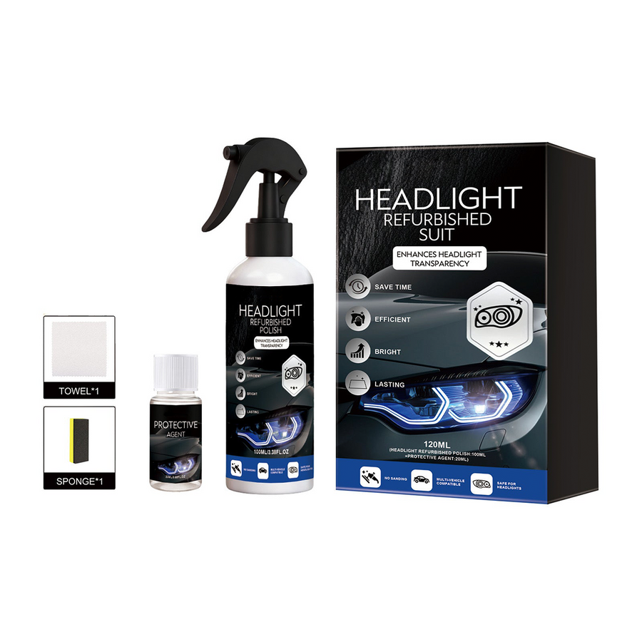Headlight restoration kit with renovation agent, protective agent, towel and sponge