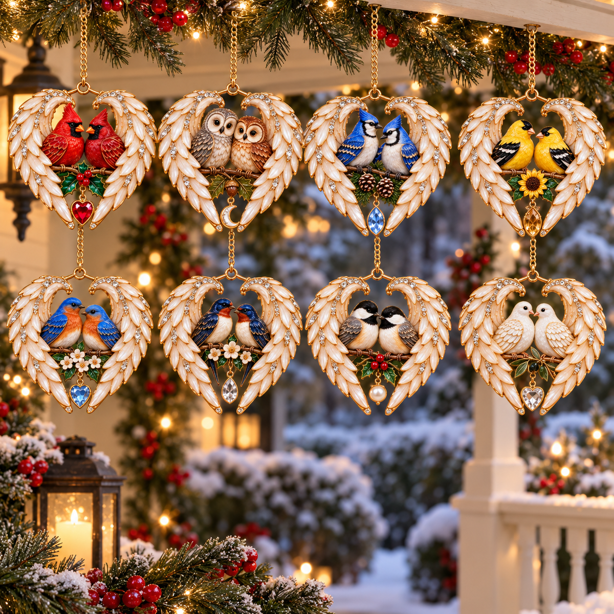 The eight angel wing bird ornament designs displayed together for Christmas