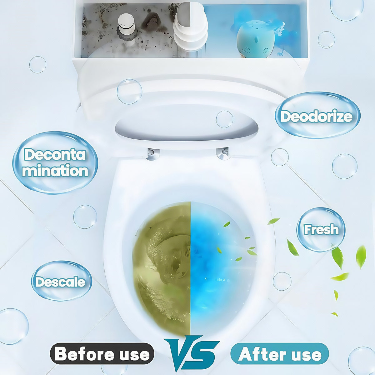 Before and after view of a toilet bowl becoming cleaner and fresher