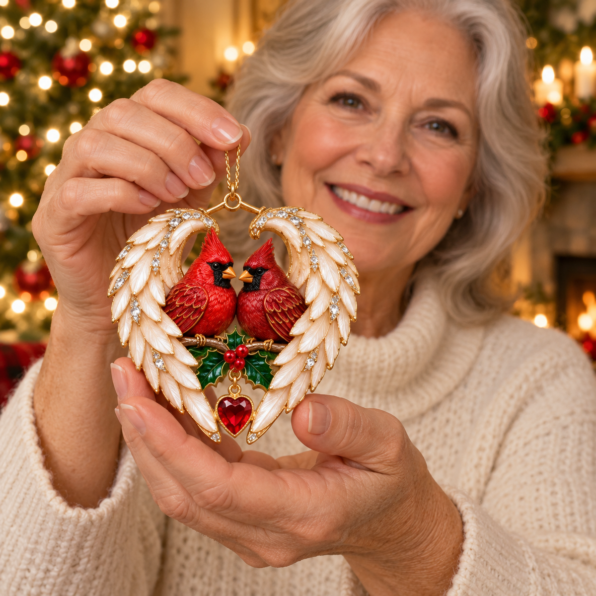 A woman holding the cardinal pair angel wing heart ornament beside a Christmas tree