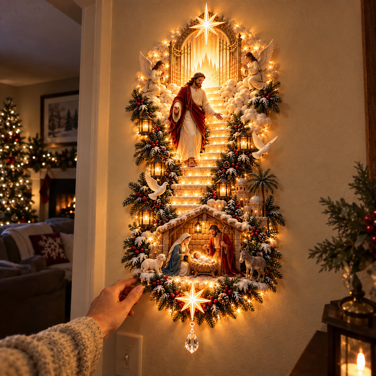 ✝️ Heaven’s Path™ – Illuminated Jesus & Nativity Stairway Christmas Wall Light