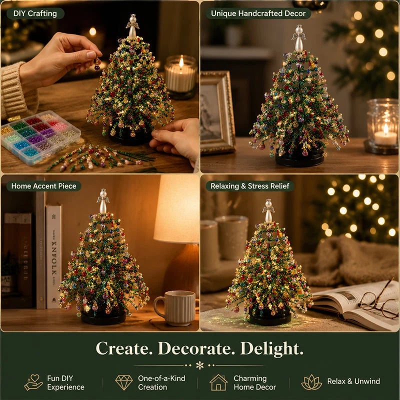 🎄 DIY Beaded Christmas Tree Kit — Warm LED Lights Included | Complete Craft Set: Crystal Beads, Angel Topper, Base & String Lights | Hand-Made Mini Tree That Looks Straight Off a Boutique Shelf | Fun Holiday Project for Kids & Family