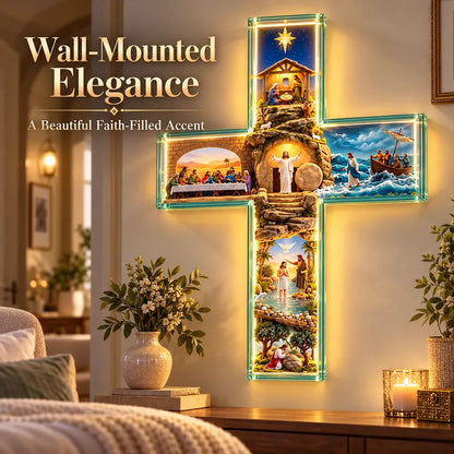 ✝️✨ His Story Cross – 3D Biblical Wall Cross with 6 Sacred Scenes | Lighted & Classic Options