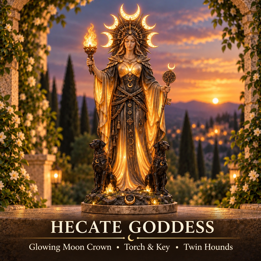 Hecate statue with an illuminated crescent crown, torch, key and twin black hounds in a sunset garden setting