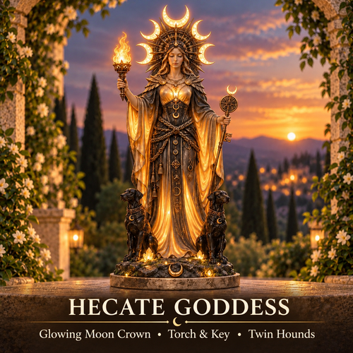 🌙🔥 Hecate Goddess Guardian Statue | Lighted Triple Moon Goddess with Twin Hounds, Torch & Key