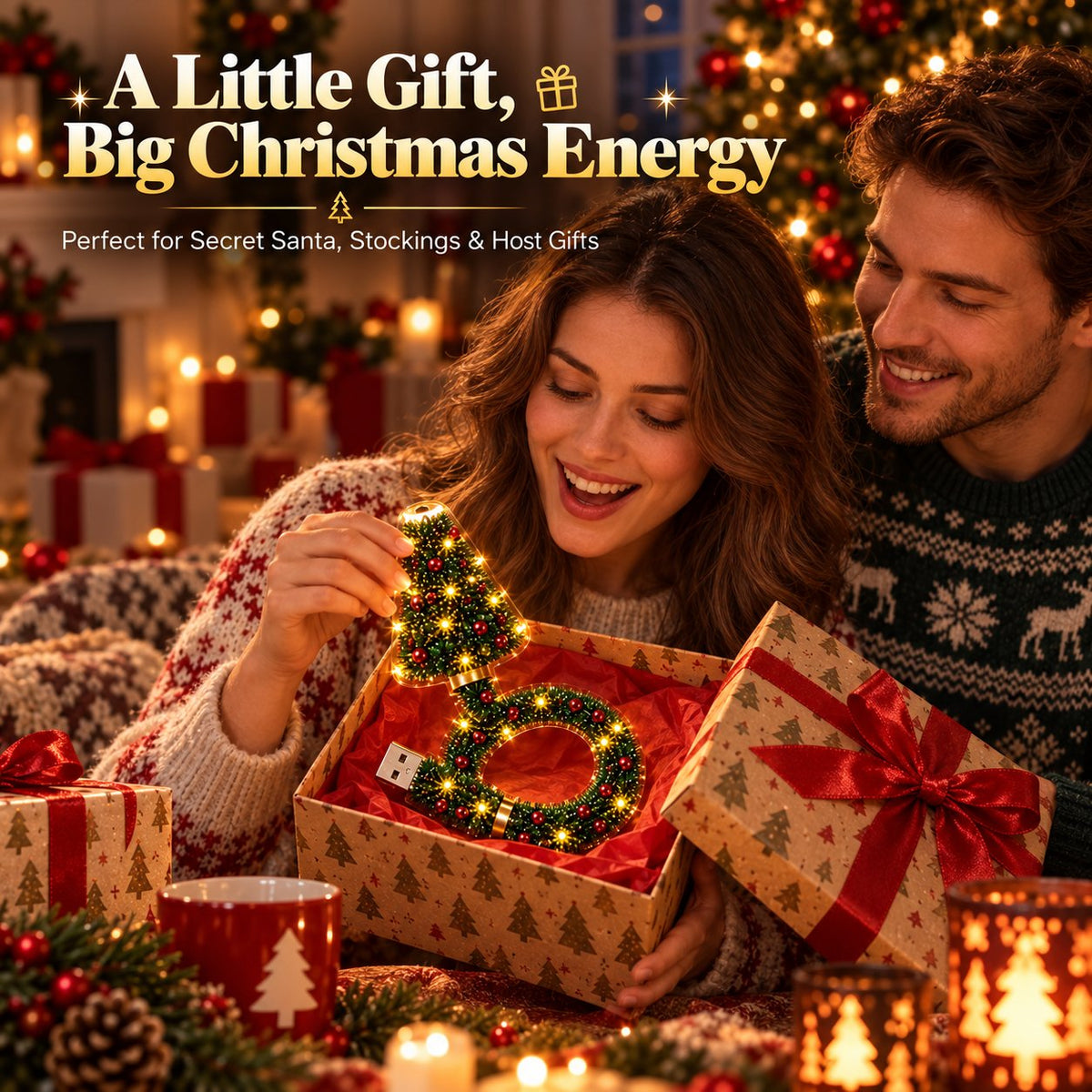 A couple enjoying a Christmas tree projector gift