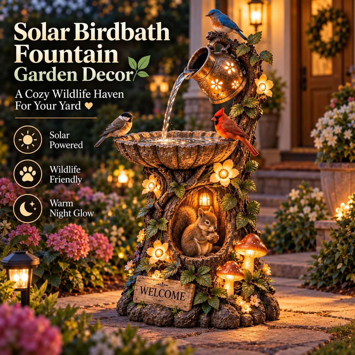 🎄 Christmas Hot Sale-🐿️ Solar Birdbath Fountain Garden Decor – A Cozy Wildlife Haven for Your Yard