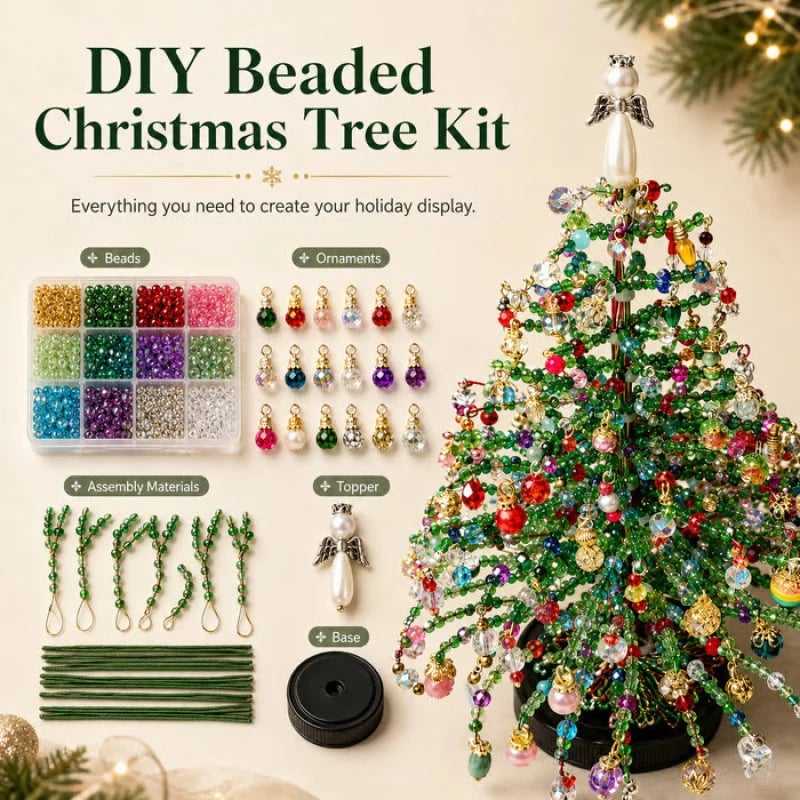 🎄 DIY Beaded Christmas Tree Kit — Warm LED Lights Included | Complete Craft Set: Crystal Beads, Angel Topper, Base & String Lights | Hand-Made Mini Tree That Looks Straight Off a Boutique Shelf | Fun Holiday Project for Kids & Family