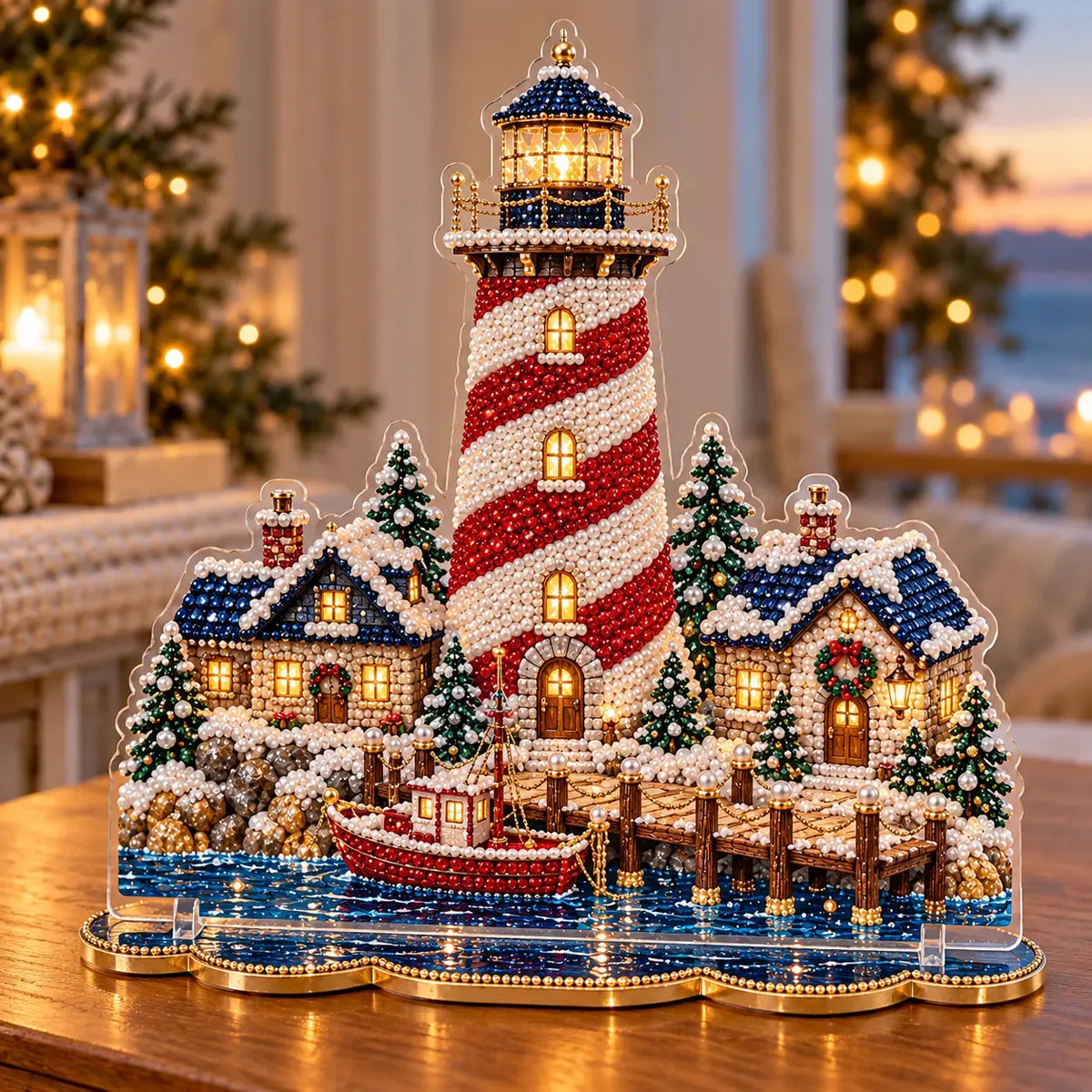 ✨ Premium Pearl Christmas Lighthouse Diamond Painting Art Kit | Luxury Flocked Canvas with Scratch-Resistant Non-Fading Pearl Beads DIY Holiday Decor 🎅⛄️❄️
