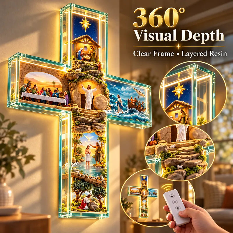 ✝️✨ His Story Cross – 3D Biblical Wall Cross with 6 Sacred Scenes | Lighted & Classic Options