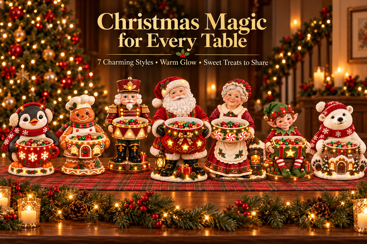 Seven illuminated Christmas character candy bowls arranged on a festive table beside a decorated tree